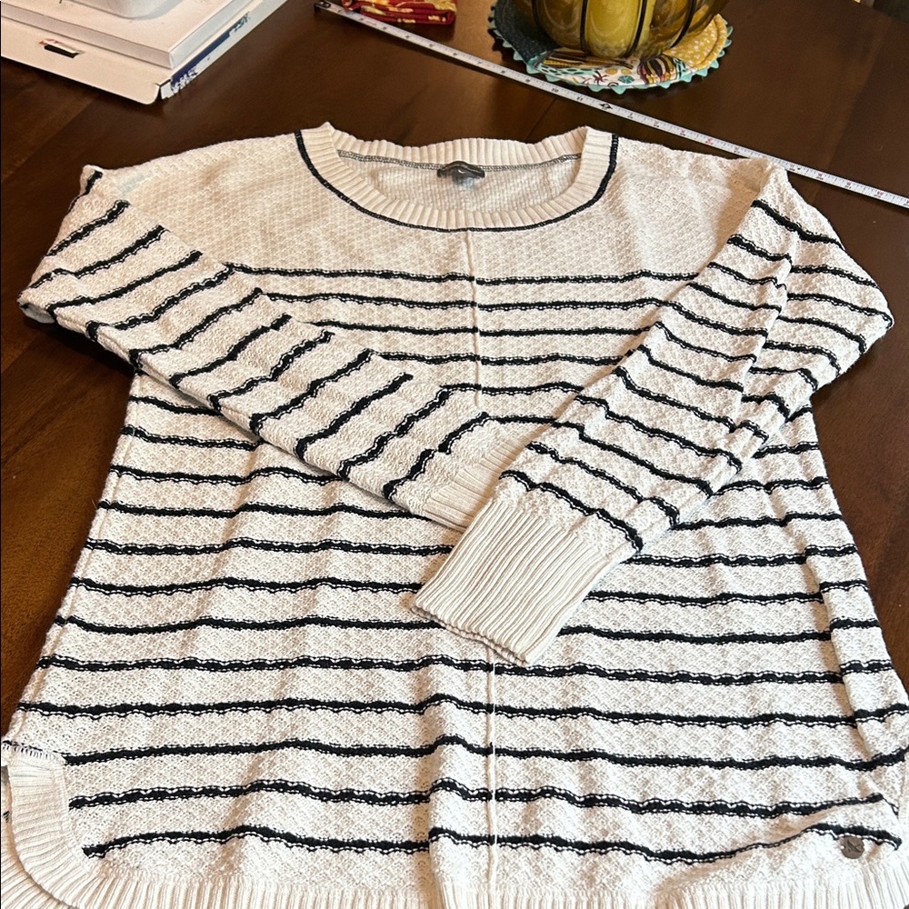 Eddie Bauer Cream and Black Striped Crewneck Sweater
